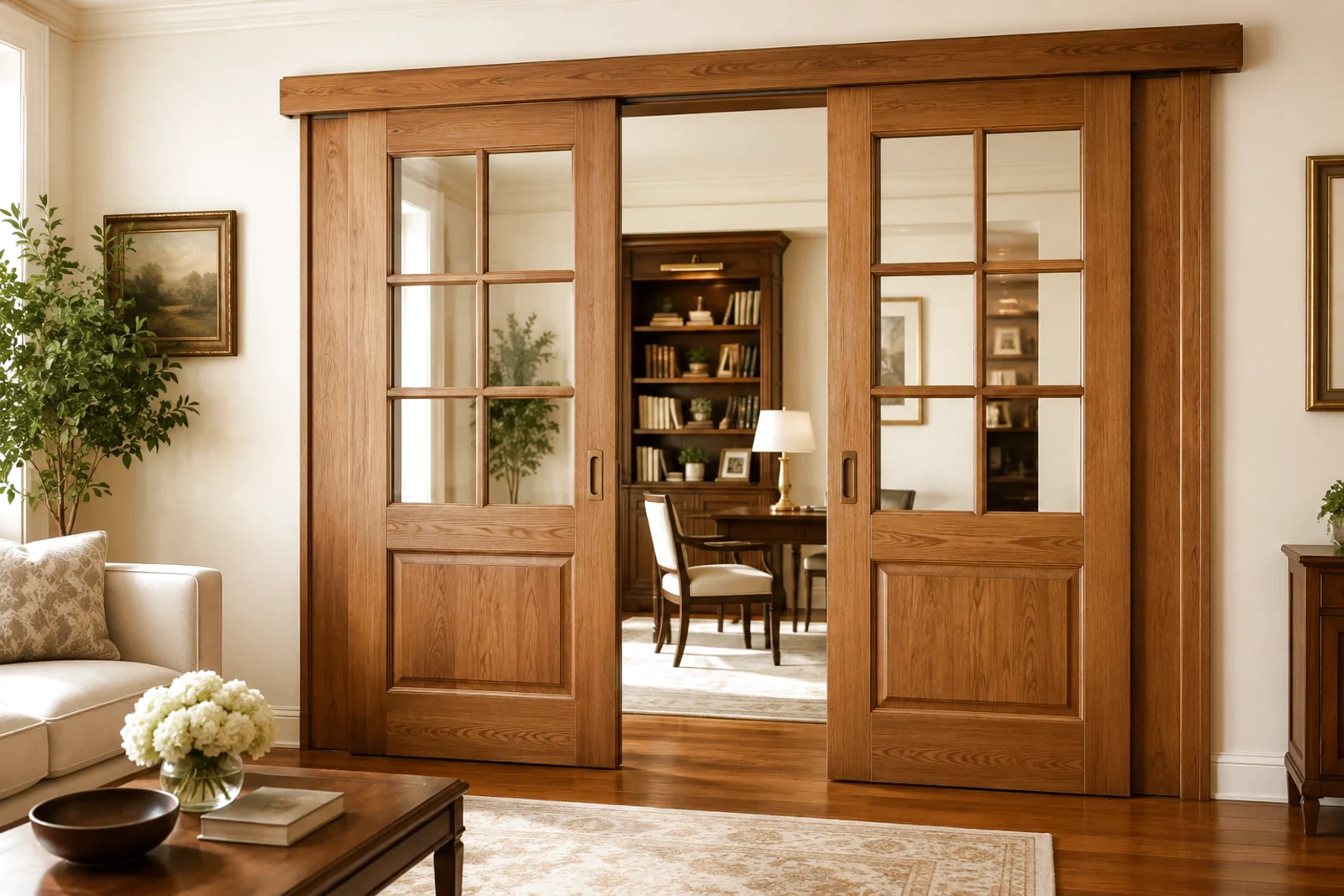 Wood-style sliding doors with divided panels and glass inserts in a warm residential interior.